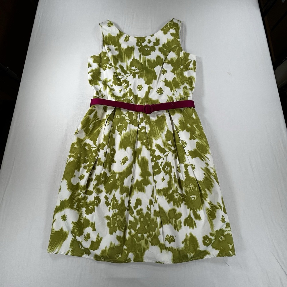 Jessica Howard Floral Green Party Dress Pink Belt Size 10P POCKETS